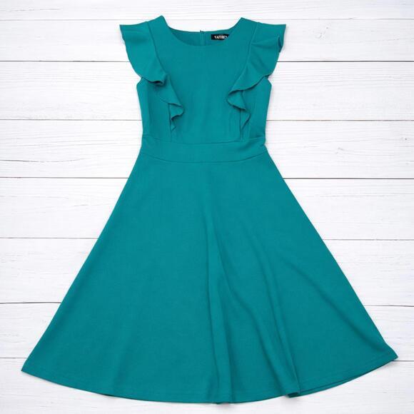 Yathon Dresses & Skirts - Yathon Ruffle Fit Flare Dress Stretch Crepe Teal Small Elegant Chic